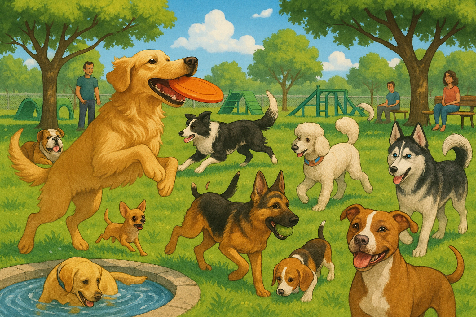 dog park with plenty different kinds of dogs